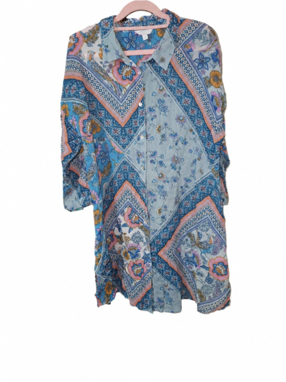 Monsoon Beach L Blue Floral Scarf Print Cotton Tunic Shirt Dress Boho - Picture 2 of 6